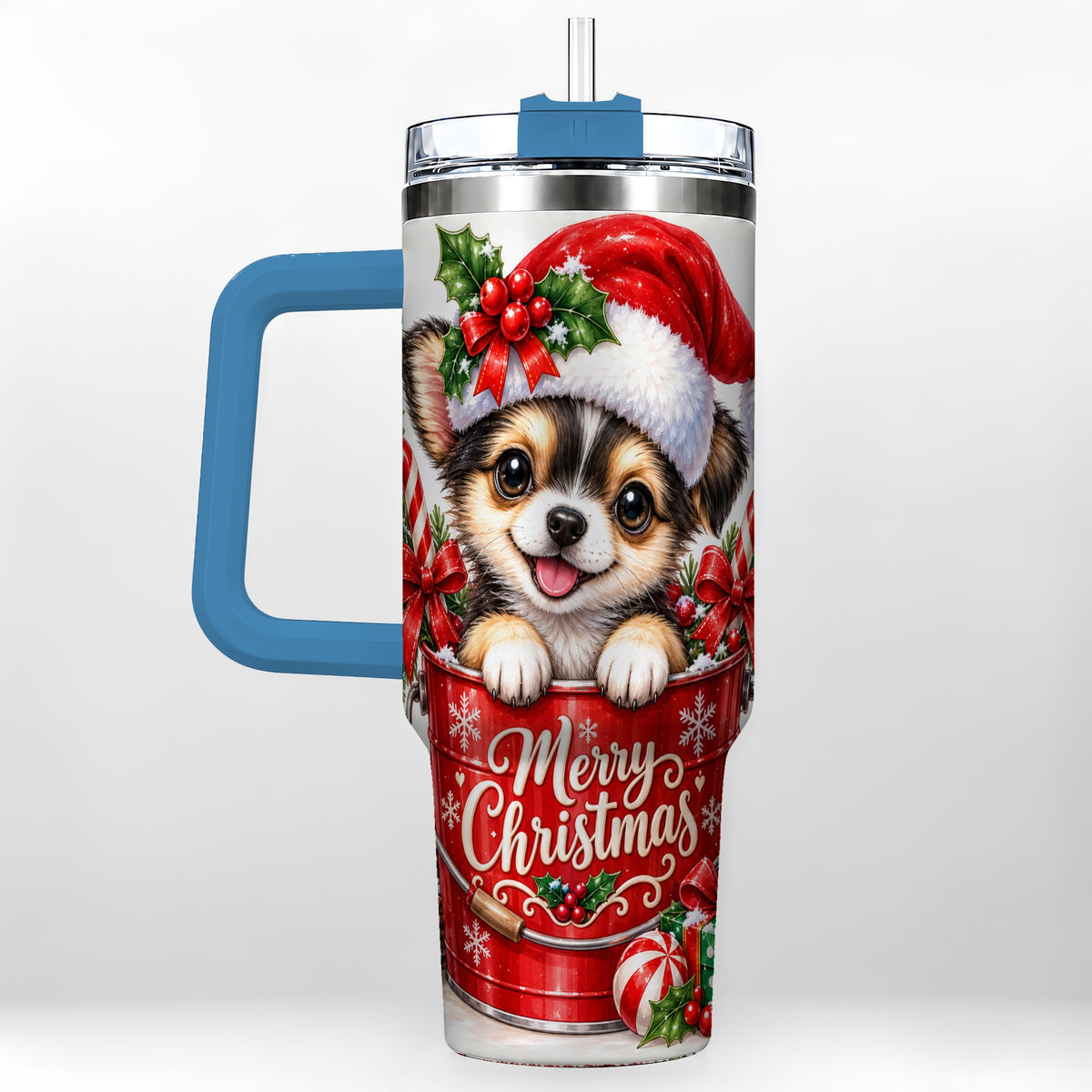 #pl[40oz|Blue] Christmas Chihuahua 40oz Tumbler with Handle, Festive Puppy Design
