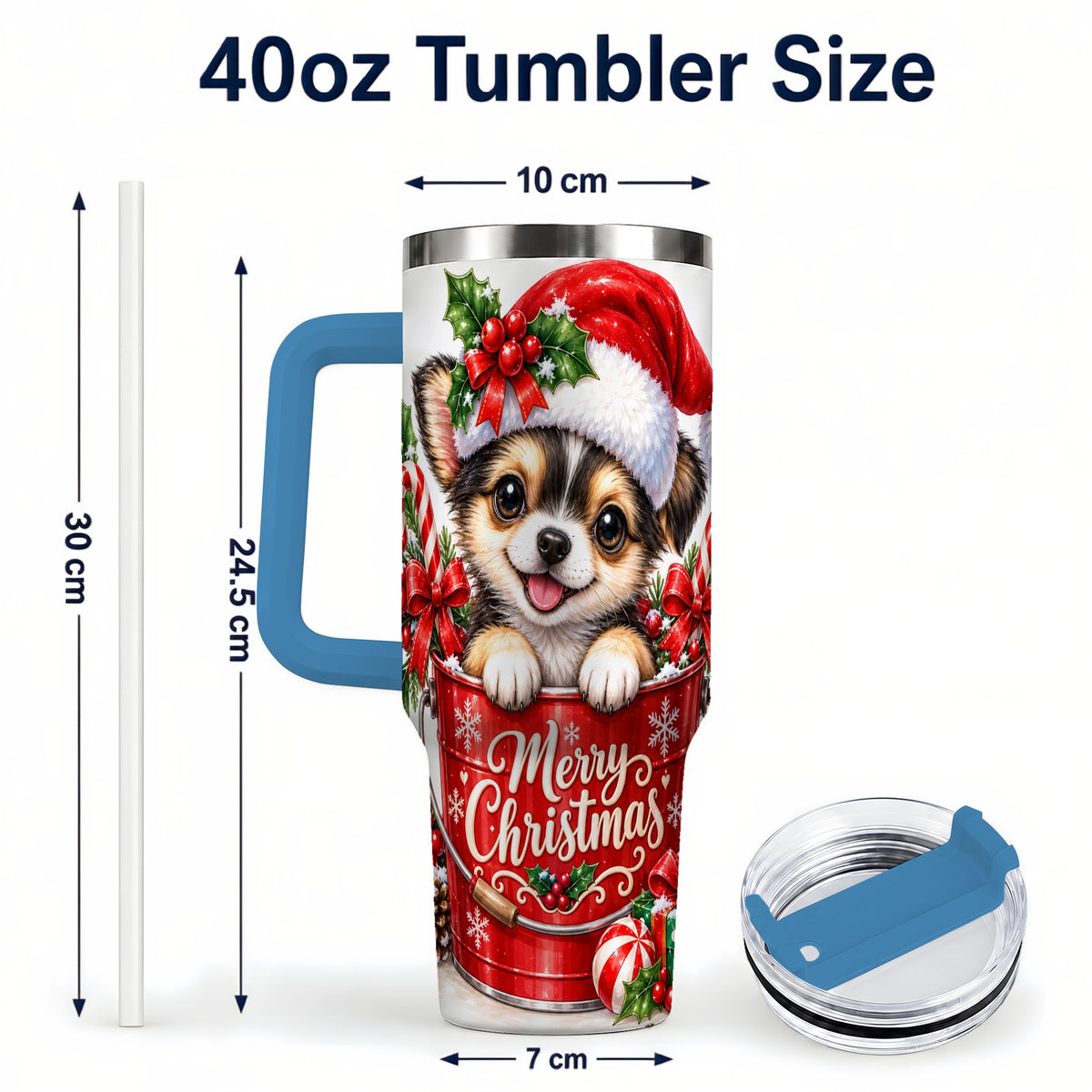 #pl[40oz|Blue] Christmas Chihuahua 40oz Tumbler with Handle, Festive Puppy Design