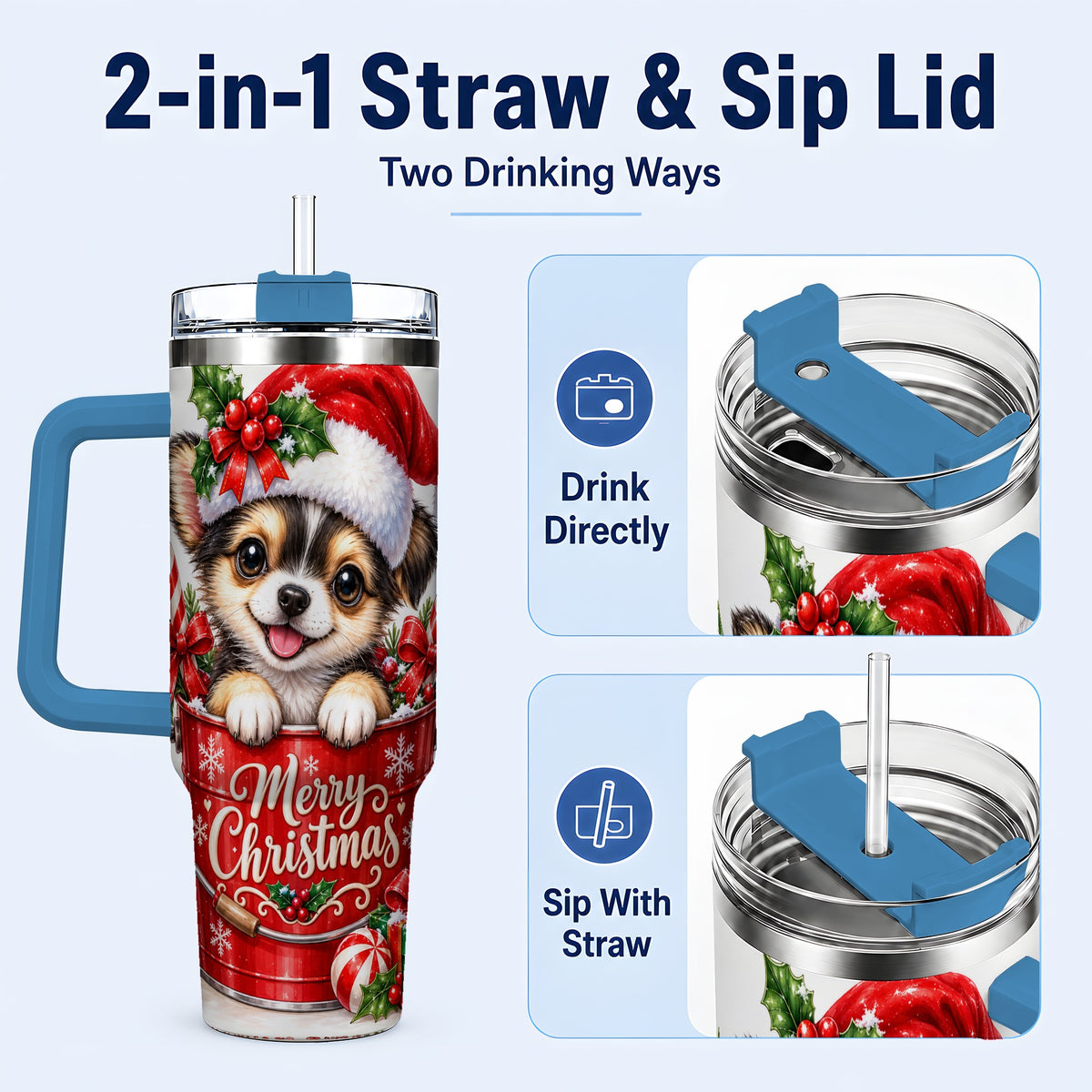 #pl[40oz|Blue] Christmas Chihuahua 40oz Tumbler with Handle, Festive Puppy Design