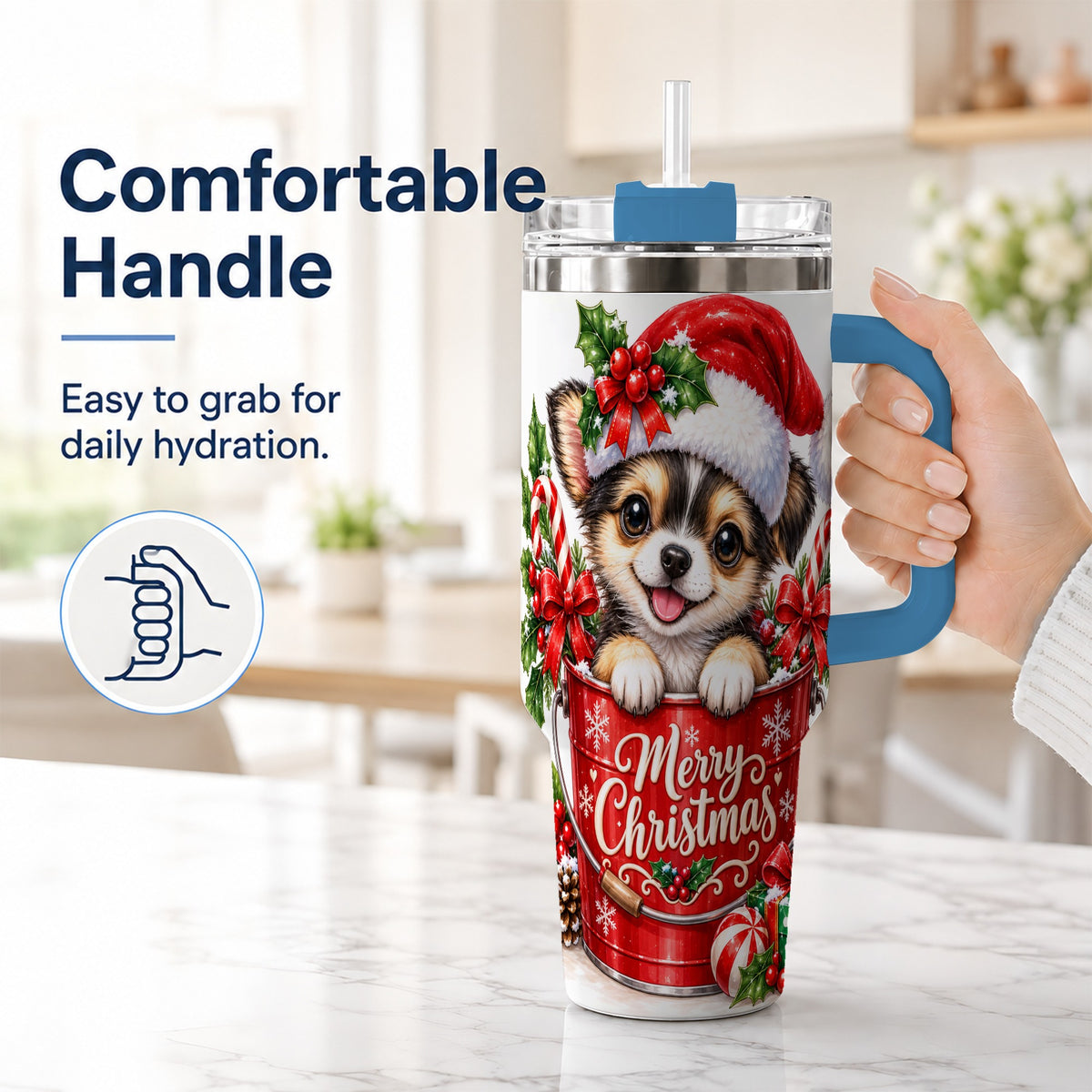 #pl[40oz|Blue] Christmas Chihuahua 40oz Tumbler with Handle, Festive Puppy Design