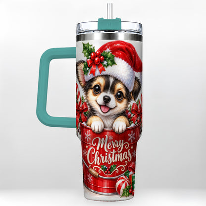 #pl[40oz|Green] Christmas Chihuahua 40oz Tumbler with Handle, Festive Puppy Design