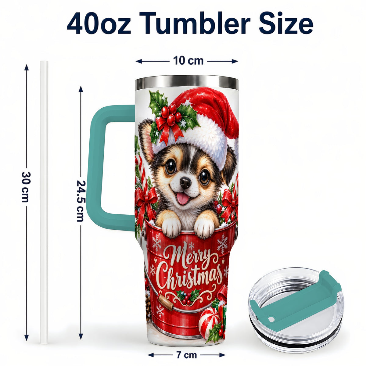 #pl[40oz|Green] Christmas Chihuahua 40oz Tumbler with Handle, Festive Puppy Design