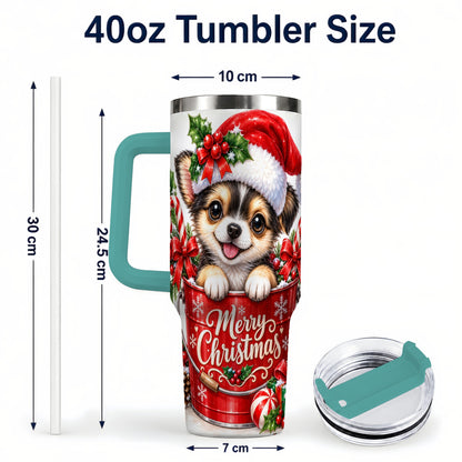 #pl[40oz|Green] Christmas Chihuahua 40oz Tumbler with Handle, Festive Puppy Design