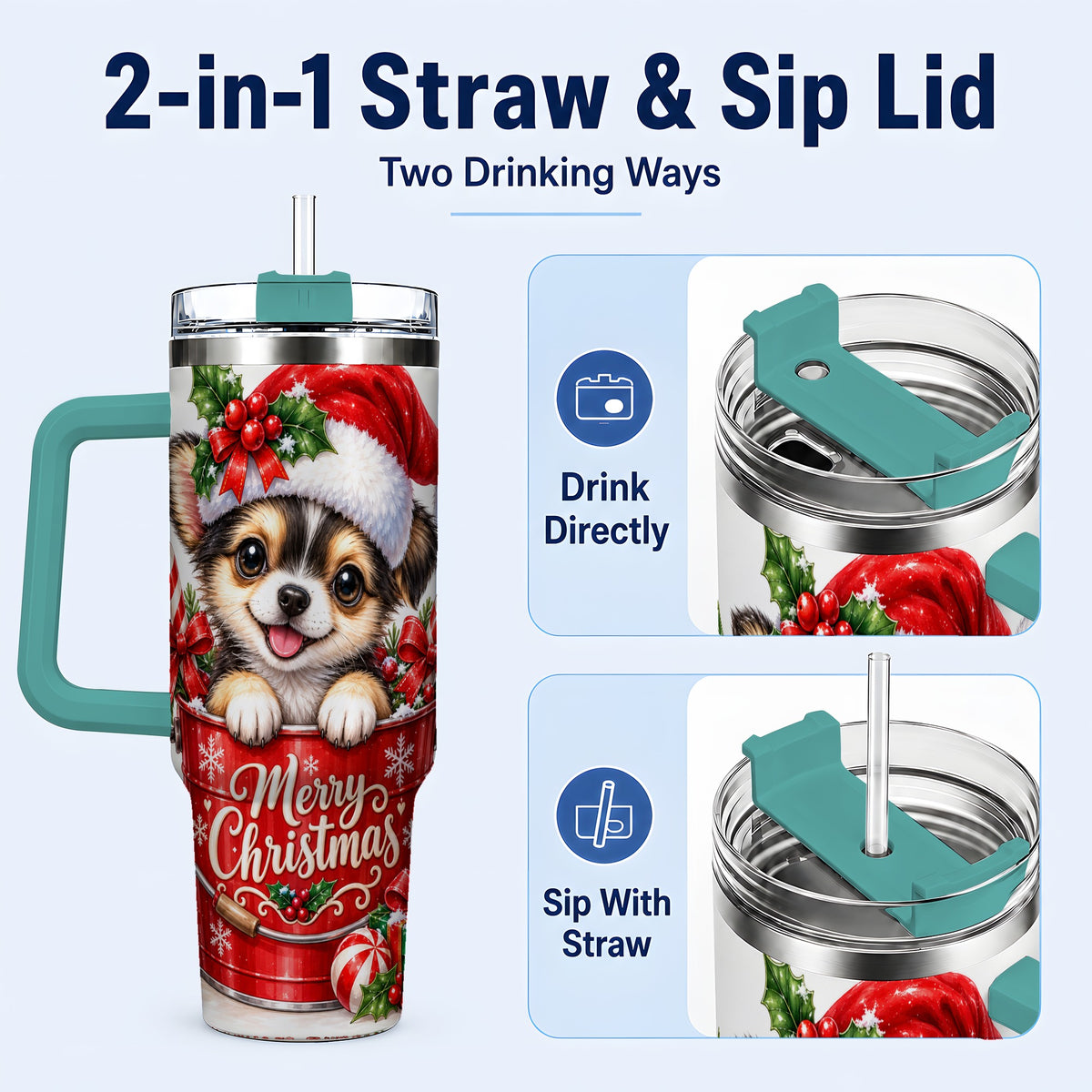 #pl[40oz|Green] Christmas Chihuahua 40oz Tumbler with Handle, Festive Puppy Design