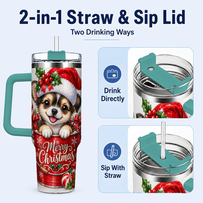 #pl[40oz|Green] Christmas Chihuahua 40oz Tumbler with Handle, Festive Puppy Design
