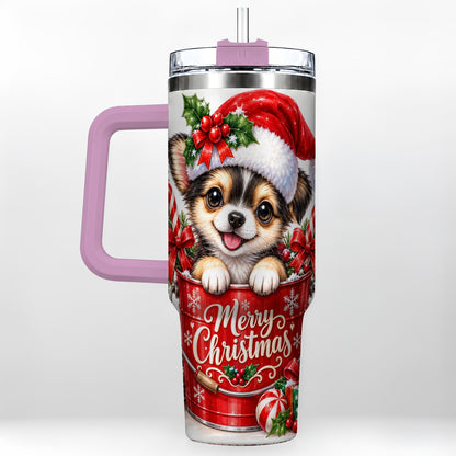 #pl[40oz|Pink] Christmas Chihuahua 40oz Tumbler with Handle, Festive Puppy Design