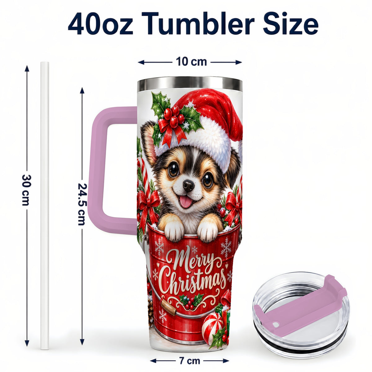 #pl[40oz|Pink] Christmas Chihuahua 40oz Tumbler with Handle, Festive Puppy Design