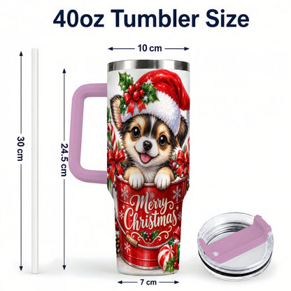 #pl[40oz|Pink] Christmas Chihuahua 40oz Tumbler with Handle, Festive Puppy Design