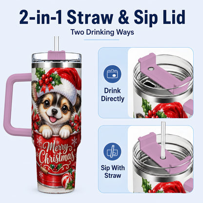 #pl[40oz|Pink] Christmas Chihuahua 40oz Tumbler with Handle, Festive Puppy Design