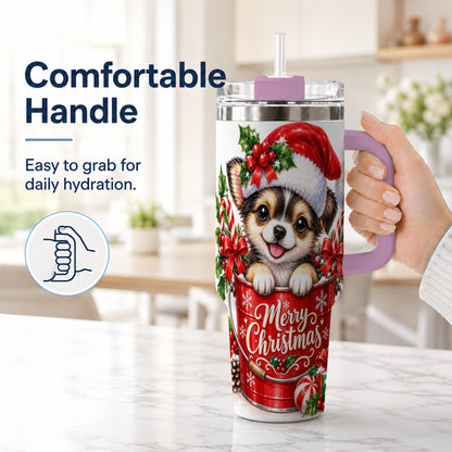 #pl[40oz|Pink] Christmas Chihuahua 40oz Tumbler with Handle, Festive Puppy Design