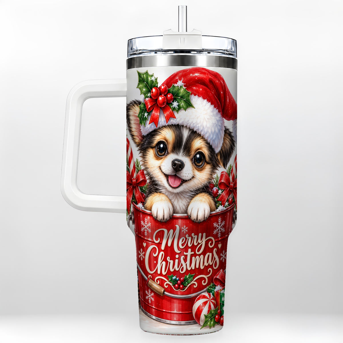 Christmas Chihuahua 40oz Tumbler with Handle, Festive Puppy Design