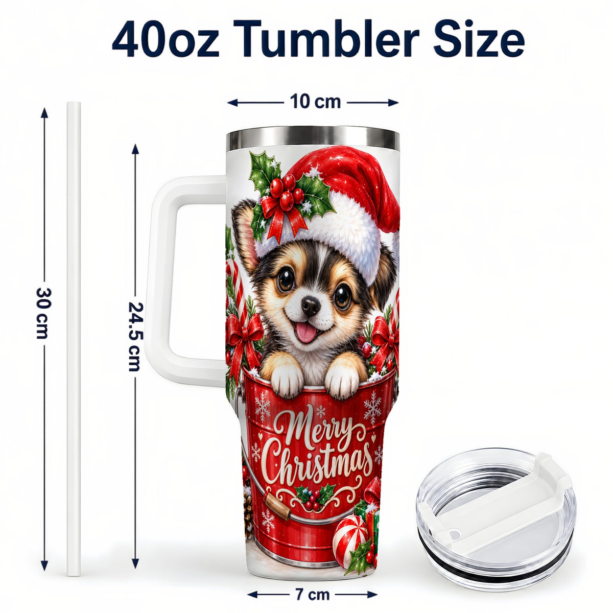 #pl[40oz|White] Christmas Chihuahua 40oz Tumbler with Handle, Festive Puppy Design