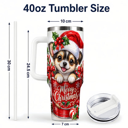 #pl[40oz|White] Christmas Chihuahua 40oz Tumbler with Handle, Festive Puppy Design