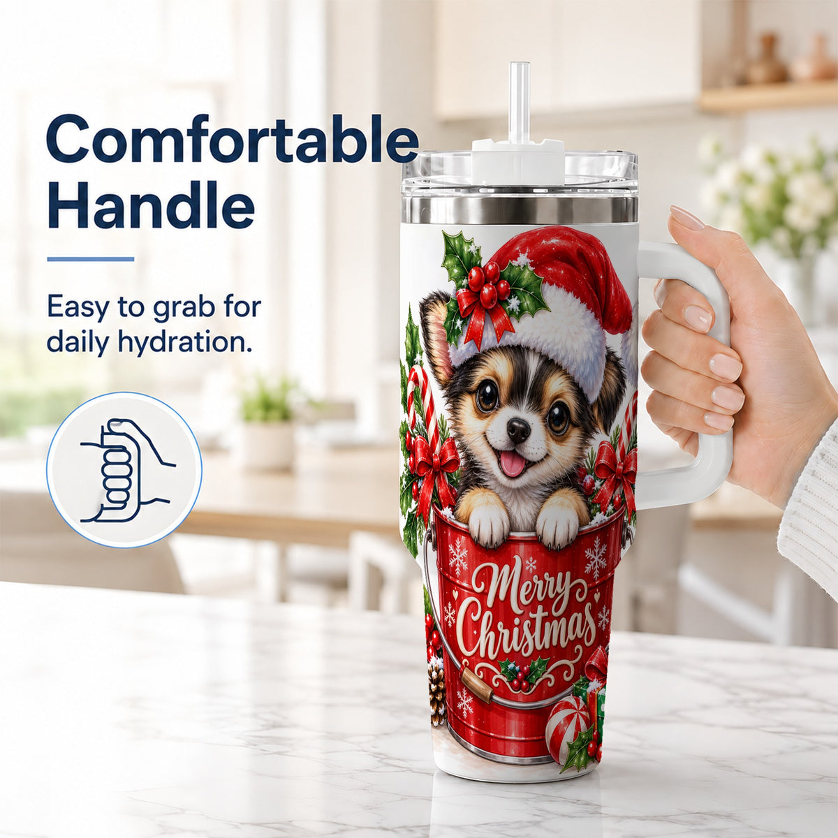 #pl[40oz|White] Christmas Chihuahua 40oz Tumbler with Handle, Festive Puppy Design