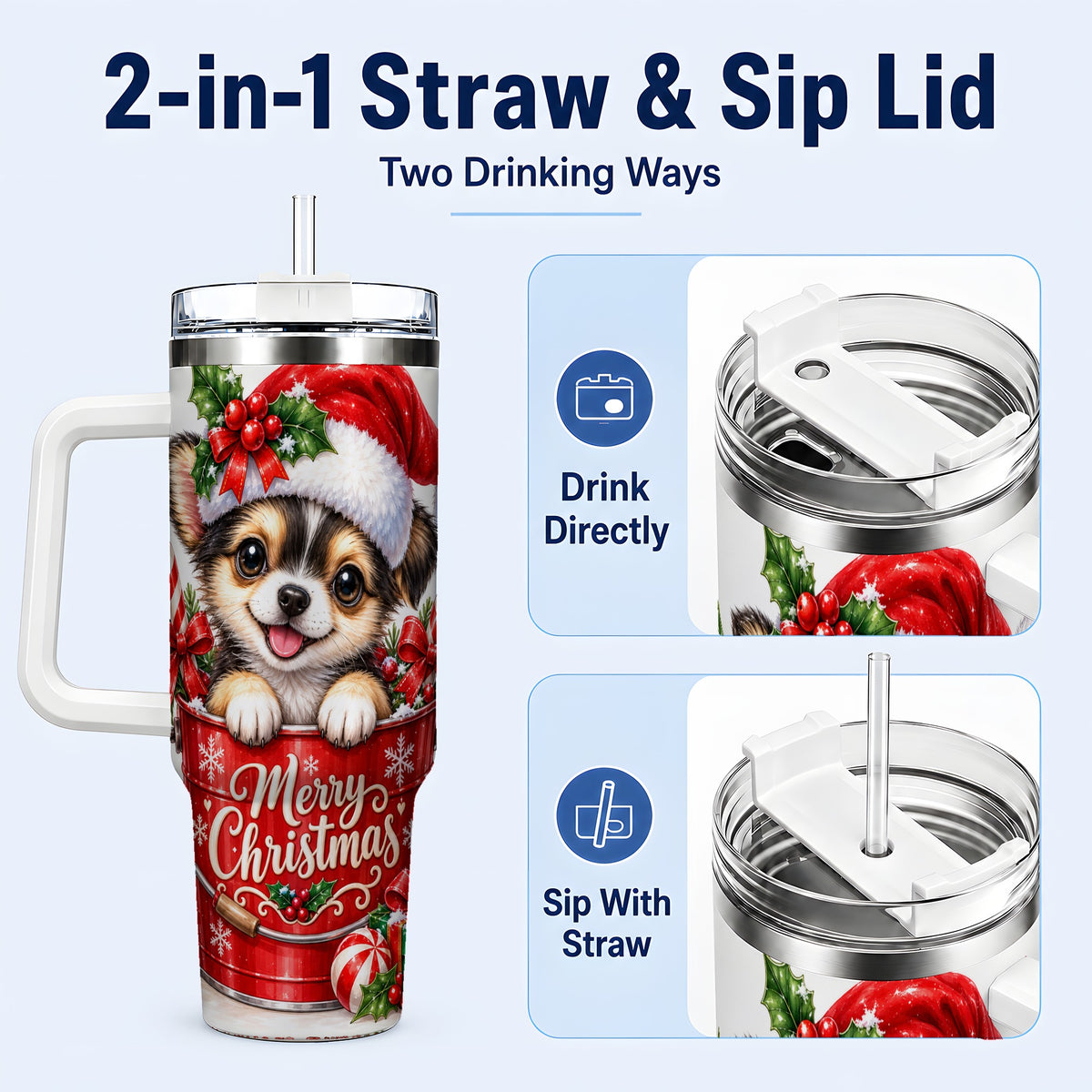 #pl[40oz|White] Christmas Chihuahua 40oz Tumbler with Handle, Festive Puppy Design