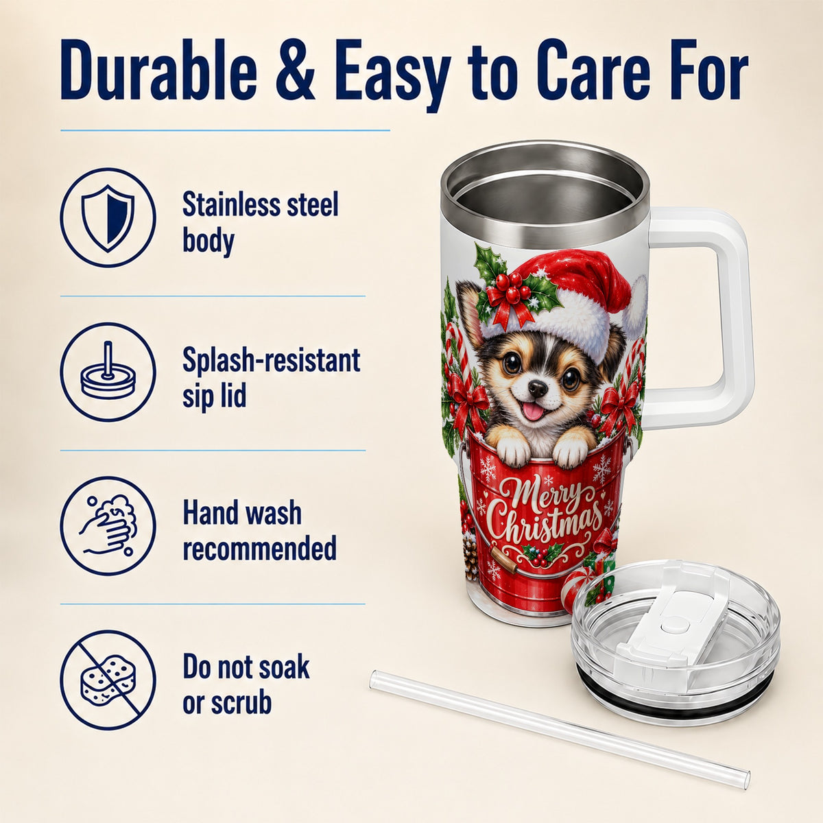Christmas Chihuahua 40oz Tumbler with Handle, Festive Puppy Design