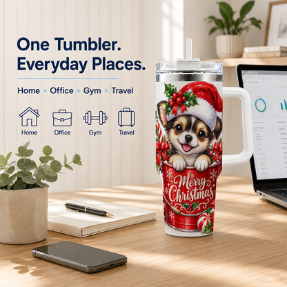 Christmas Chihuahua 40oz Tumbler with Handle, Festive Puppy Design