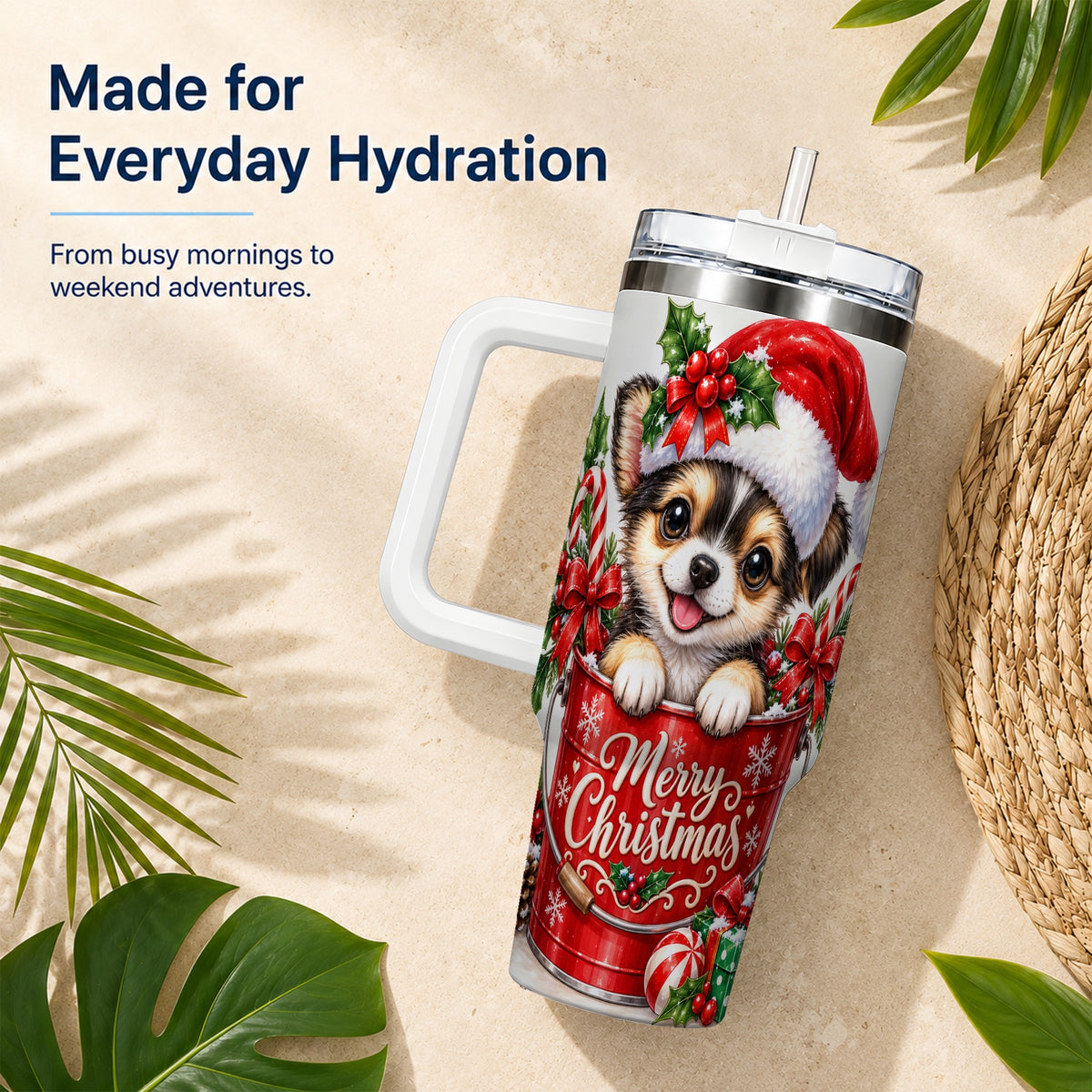 Christmas Chihuahua 40oz Tumbler with Handle, Festive Puppy Design