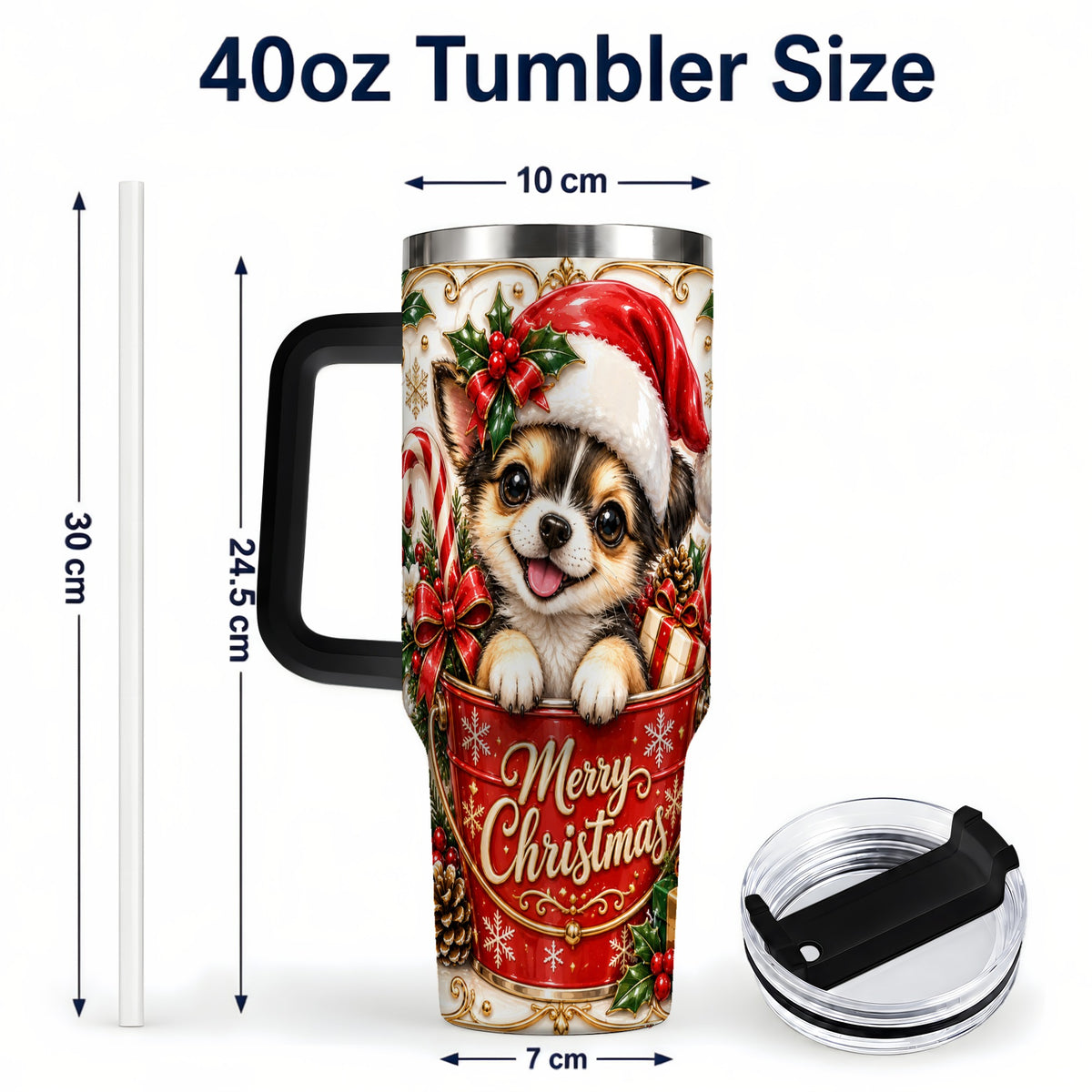 #pl[40oz|Black] Christmas Chihuahua 40oz Tumbler with Handle, Ornate Santa Puppy Art