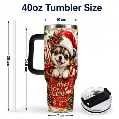 #pl[40oz|Black] Christmas Chihuahua 40oz Tumbler with Handle, Ornate Santa Puppy Art