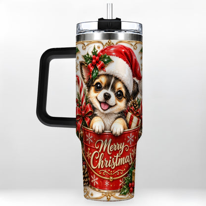#pl[40oz|Black] Christmas Chihuahua 40oz Tumbler with Handle, Ornate Santa Puppy Art