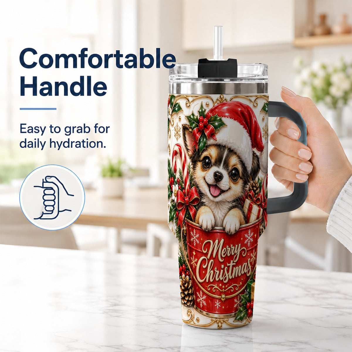 #pl[40oz|Black] Christmas Chihuahua 40oz Tumbler with Handle, Ornate Santa Puppy Art