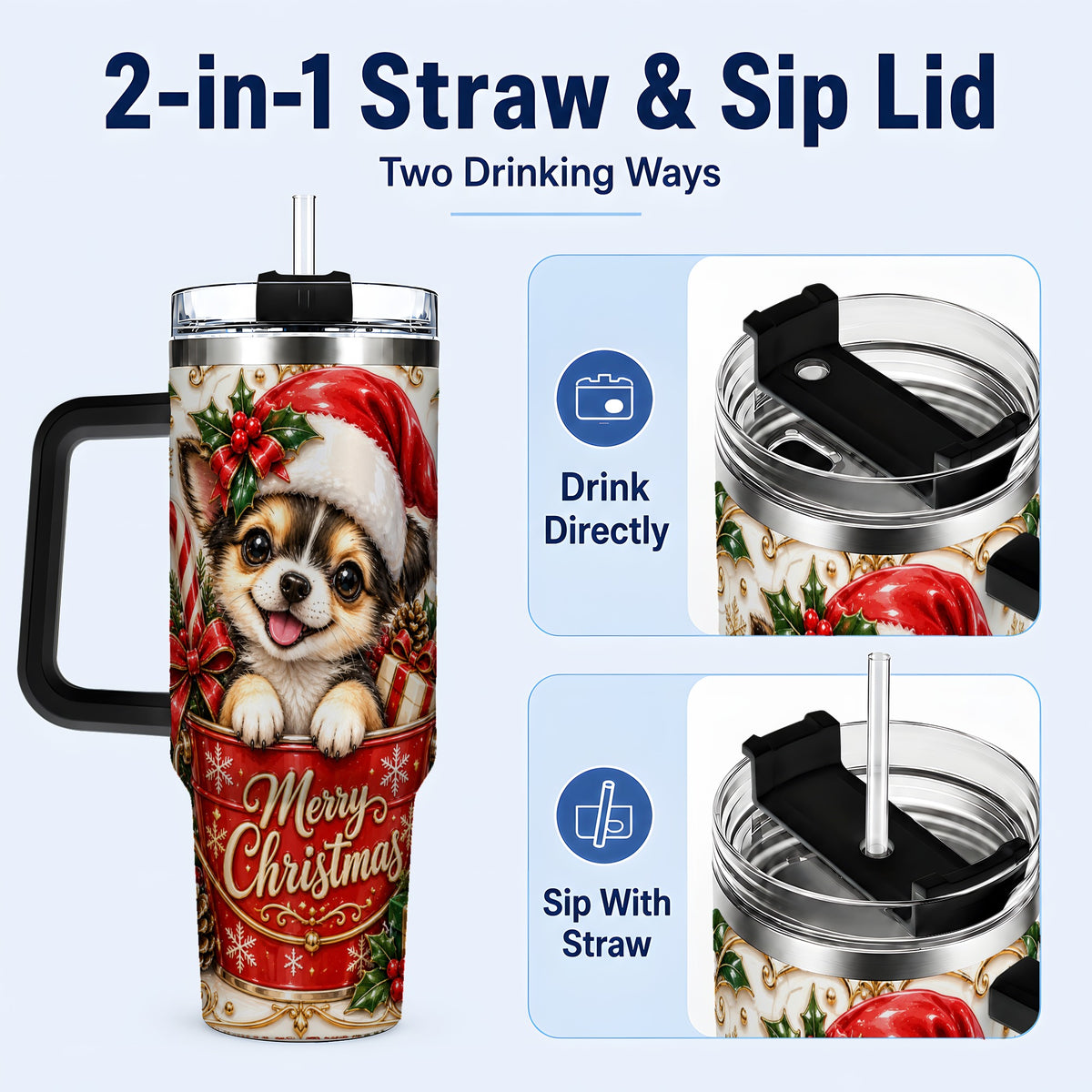 #pl[40oz|Black] Christmas Chihuahua 40oz Tumbler with Handle, Ornate Santa Puppy Art