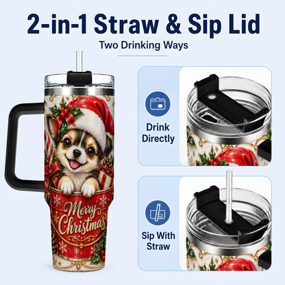 #pl[40oz|Black] Christmas Chihuahua 40oz Tumbler with Handle, Ornate Santa Puppy Art