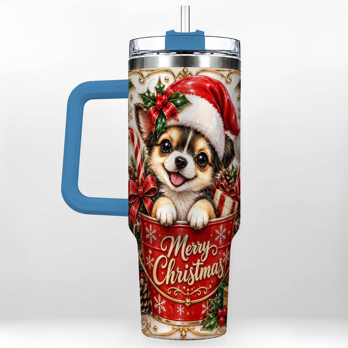#pl[40oz|Blue] Christmas Chihuahua 40oz Tumbler with Handle, Ornate Santa Puppy Art