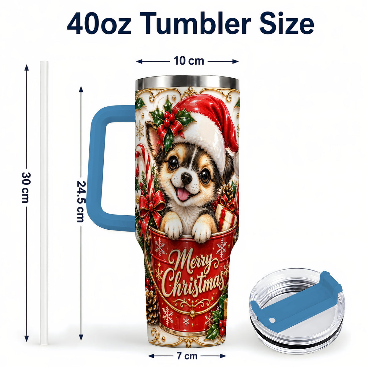 #pl[40oz|Blue] Christmas Chihuahua 40oz Tumbler with Handle, Ornate Santa Puppy Art