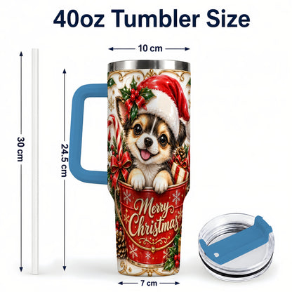 #pl[40oz|Blue] Christmas Chihuahua 40oz Tumbler with Handle, Ornate Santa Puppy Art