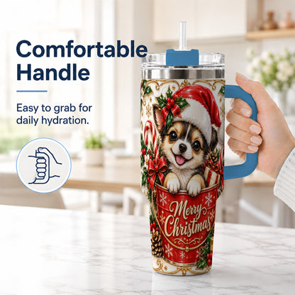 #pl[40oz|Blue] Christmas Chihuahua 40oz Tumbler with Handle, Ornate Santa Puppy Art