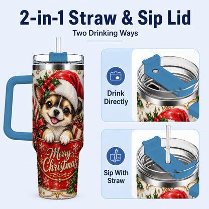#pl[40oz|Blue] Christmas Chihuahua 40oz Tumbler with Handle, Ornate Santa Puppy Art