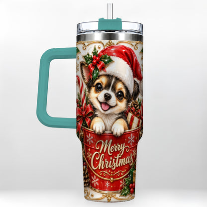 #pl[40oz|Green] Christmas Chihuahua 40oz Tumbler with Handle, Ornate Santa Puppy Art
