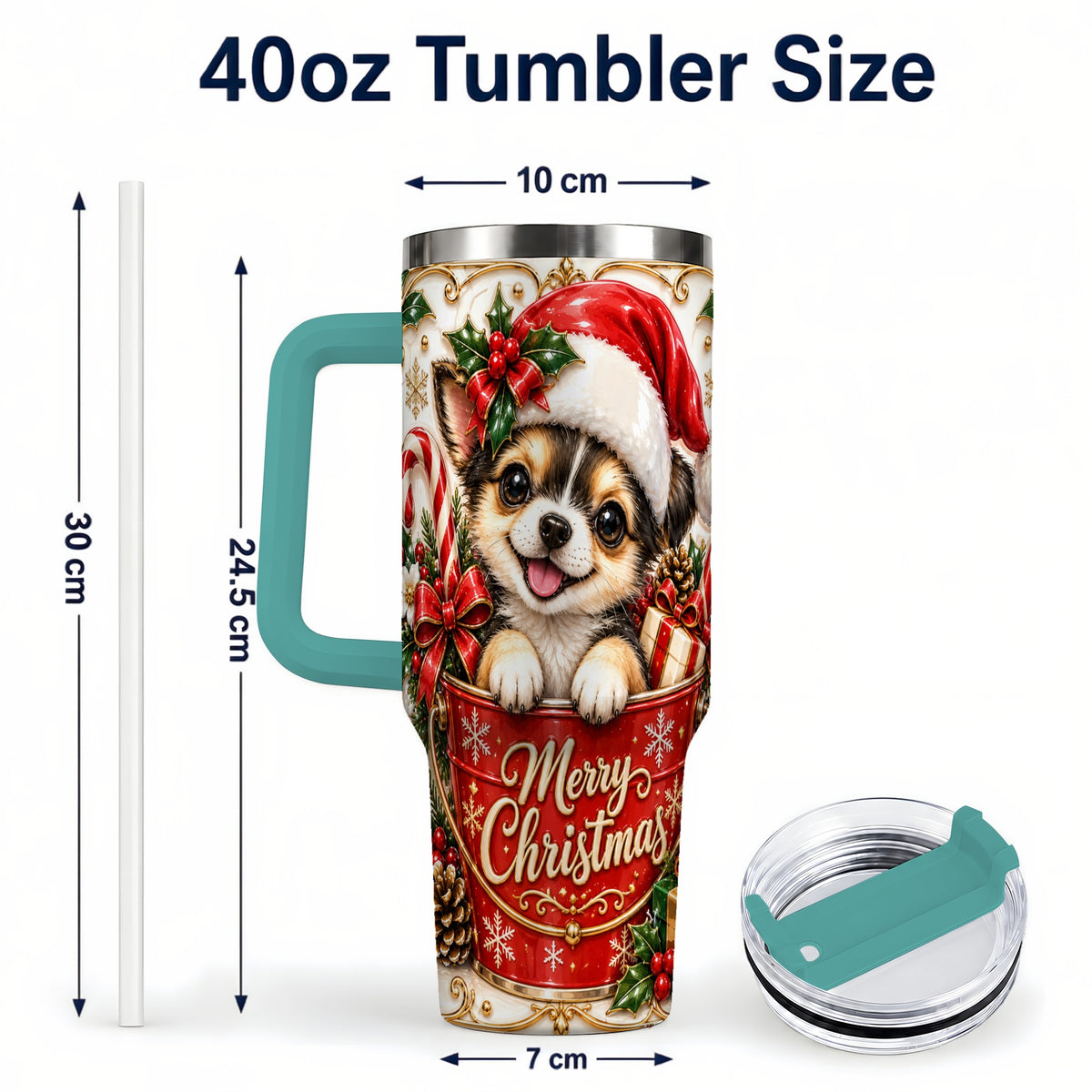 #pl[40oz|Green] Christmas Chihuahua 40oz Tumbler with Handle, Ornate Santa Puppy Art