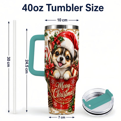 #pl[40oz|Green] Christmas Chihuahua 40oz Tumbler with Handle, Ornate Santa Puppy Art