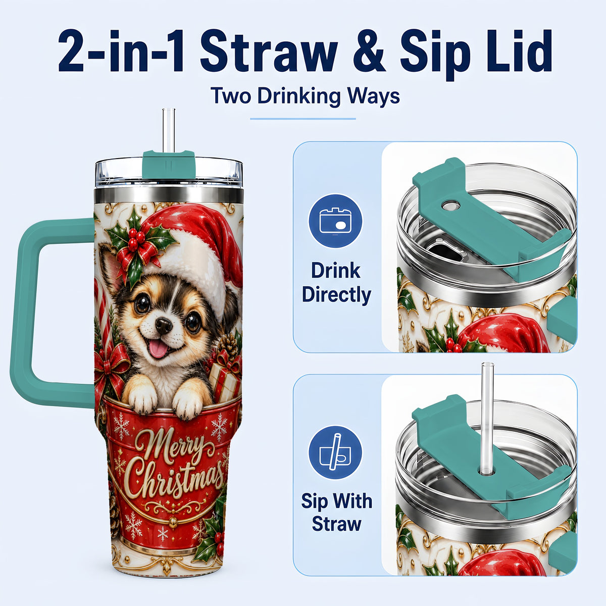 #pl[40oz|Green] Christmas Chihuahua 40oz Tumbler with Handle, Ornate Santa Puppy Art