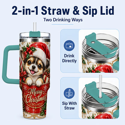 #pl[40oz|Green] Christmas Chihuahua 40oz Tumbler with Handle, Ornate Santa Puppy Art