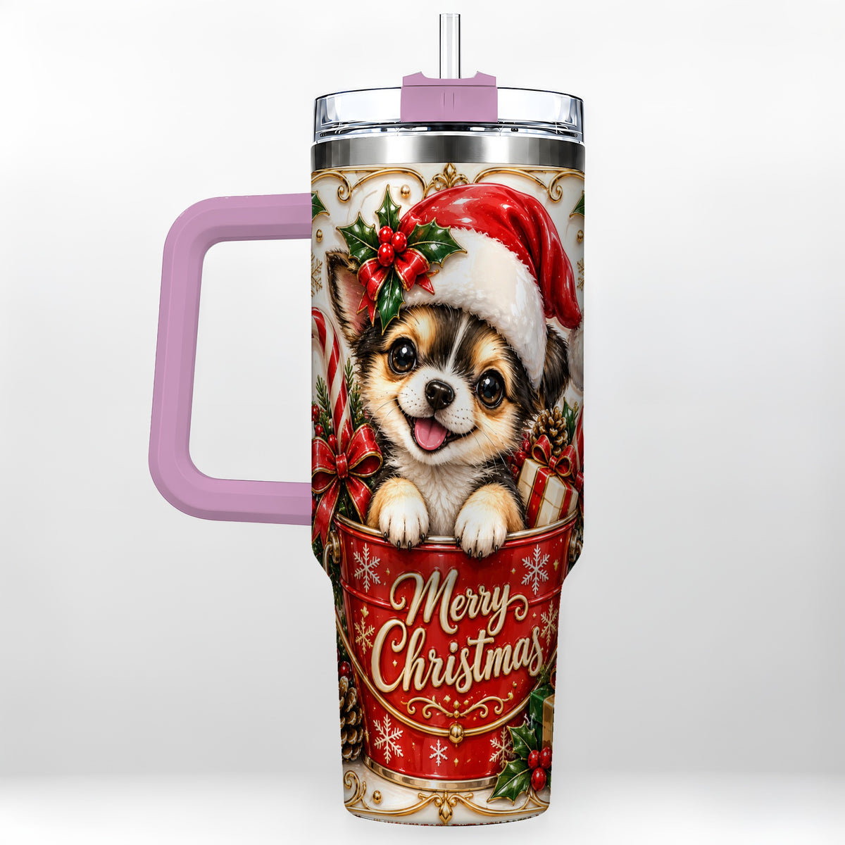 #pl[40oz|Pink] Christmas Chihuahua 40oz Tumbler with Handle, Ornate Santa Puppy Art
