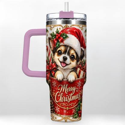 #pl[40oz|Pink] Christmas Chihuahua 40oz Tumbler with Handle, Ornate Santa Puppy Art
