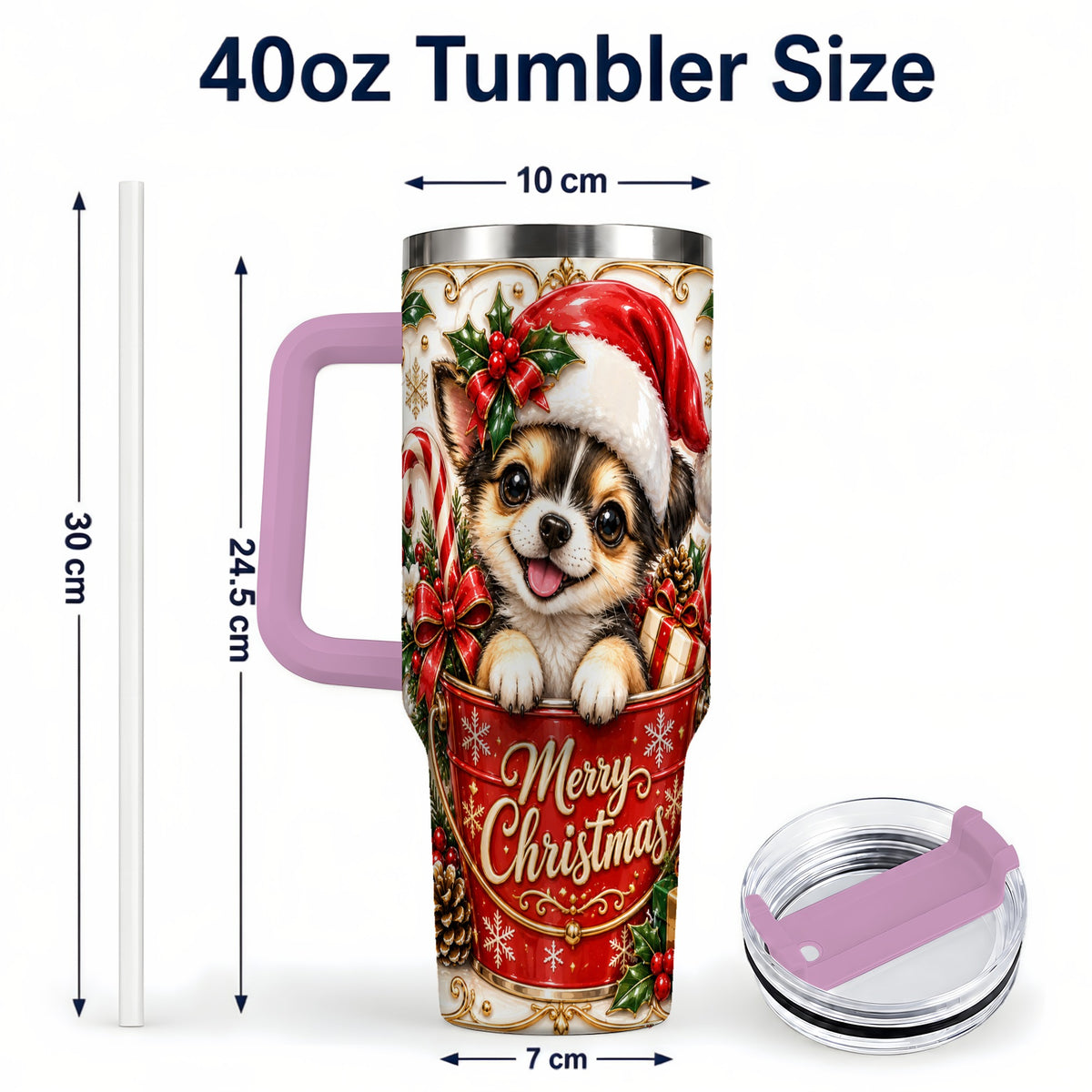 #pl[40oz|Pink] Christmas Chihuahua 40oz Tumbler with Handle, Ornate Santa Puppy Art
