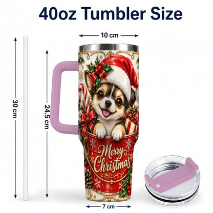 #pl[40oz|Pink] Christmas Chihuahua 40oz Tumbler with Handle, Ornate Santa Puppy Art