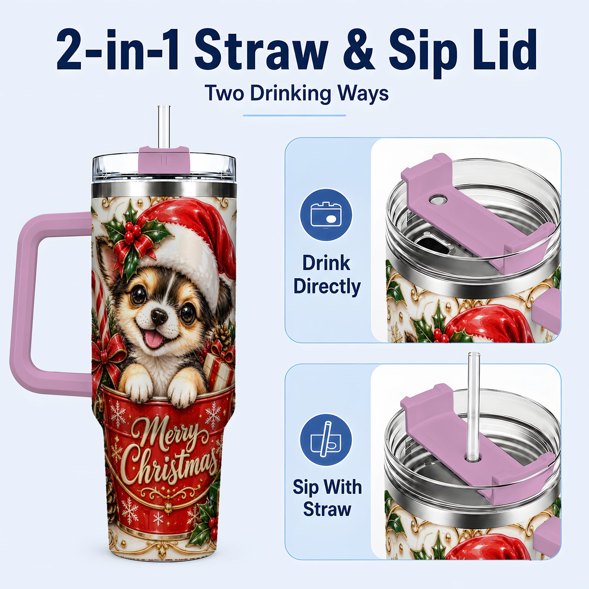 #pl[40oz|Pink] Christmas Chihuahua 40oz Tumbler with Handle, Ornate Santa Puppy Art