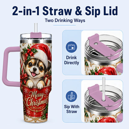 #pl[40oz|Pink] Christmas Chihuahua 40oz Tumbler with Handle, Ornate Santa Puppy Art