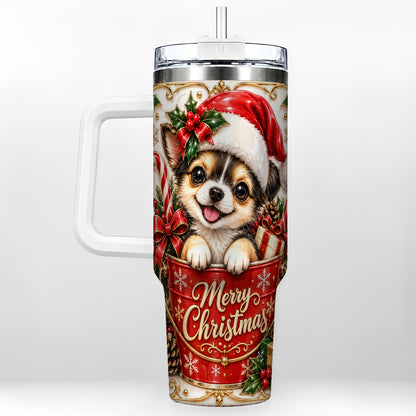 Christmas Chihuahua 40oz Tumbler with Handle, Ornate Santa Puppy Art
