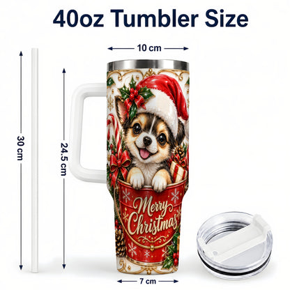 #pl[40oz|White] Christmas Chihuahua 40oz Tumbler with Handle, Ornate Santa Puppy Art
