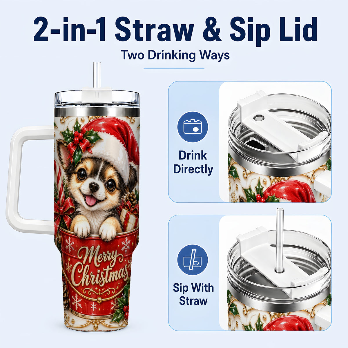 #pl[40oz|White] Christmas Chihuahua 40oz Tumbler with Handle, Ornate Santa Puppy Art