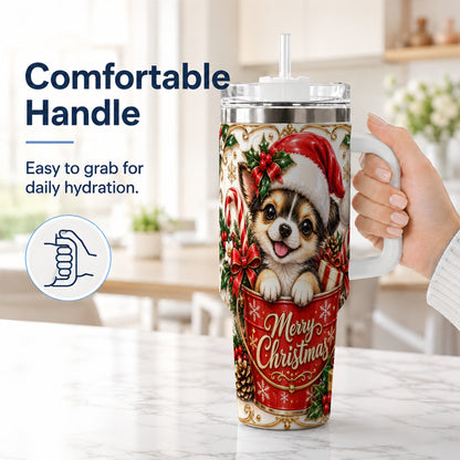#pl[40oz|White] Christmas Chihuahua 40oz Tumbler with Handle, Ornate Santa Puppy Art