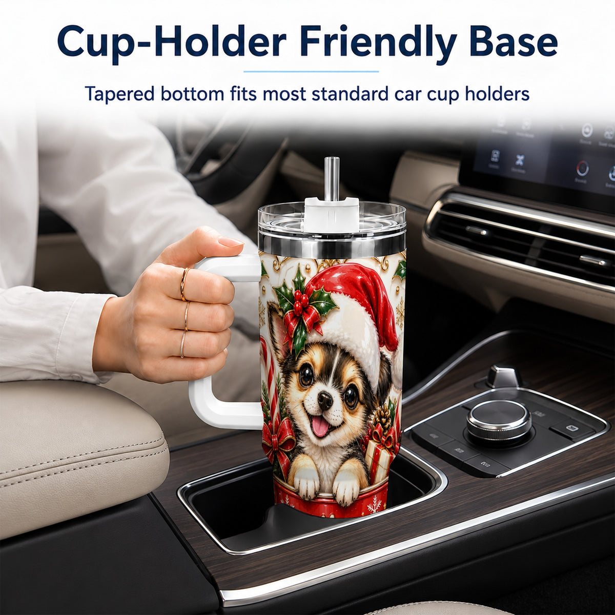 Christmas Chihuahua 40oz Tumbler with Handle, Ornate Santa Puppy Art