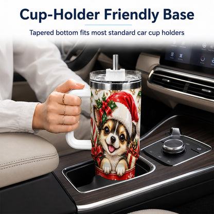 Christmas Chihuahua 40oz Tumbler with Handle, Ornate Santa Puppy Art
